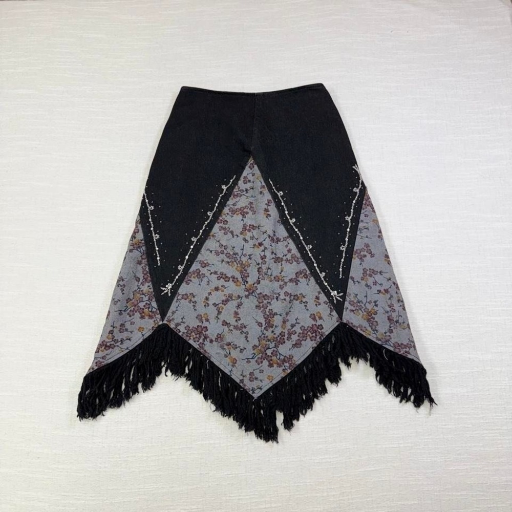 Y2K Fairy Grunge Handkerchief Skirt Beaded Fringe Whimsigoth Midi L floral